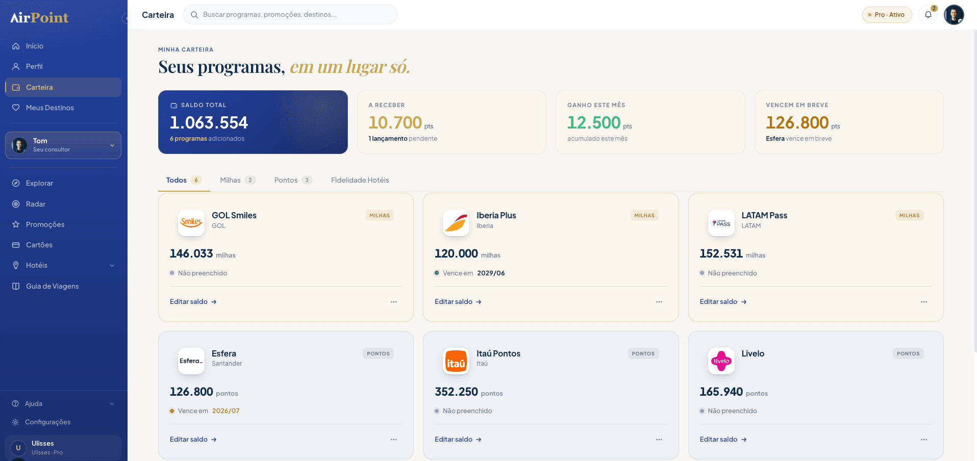 Tela da Carteira na plataforma AirPoint, com todos os programas de pontos e milhas consolidados
