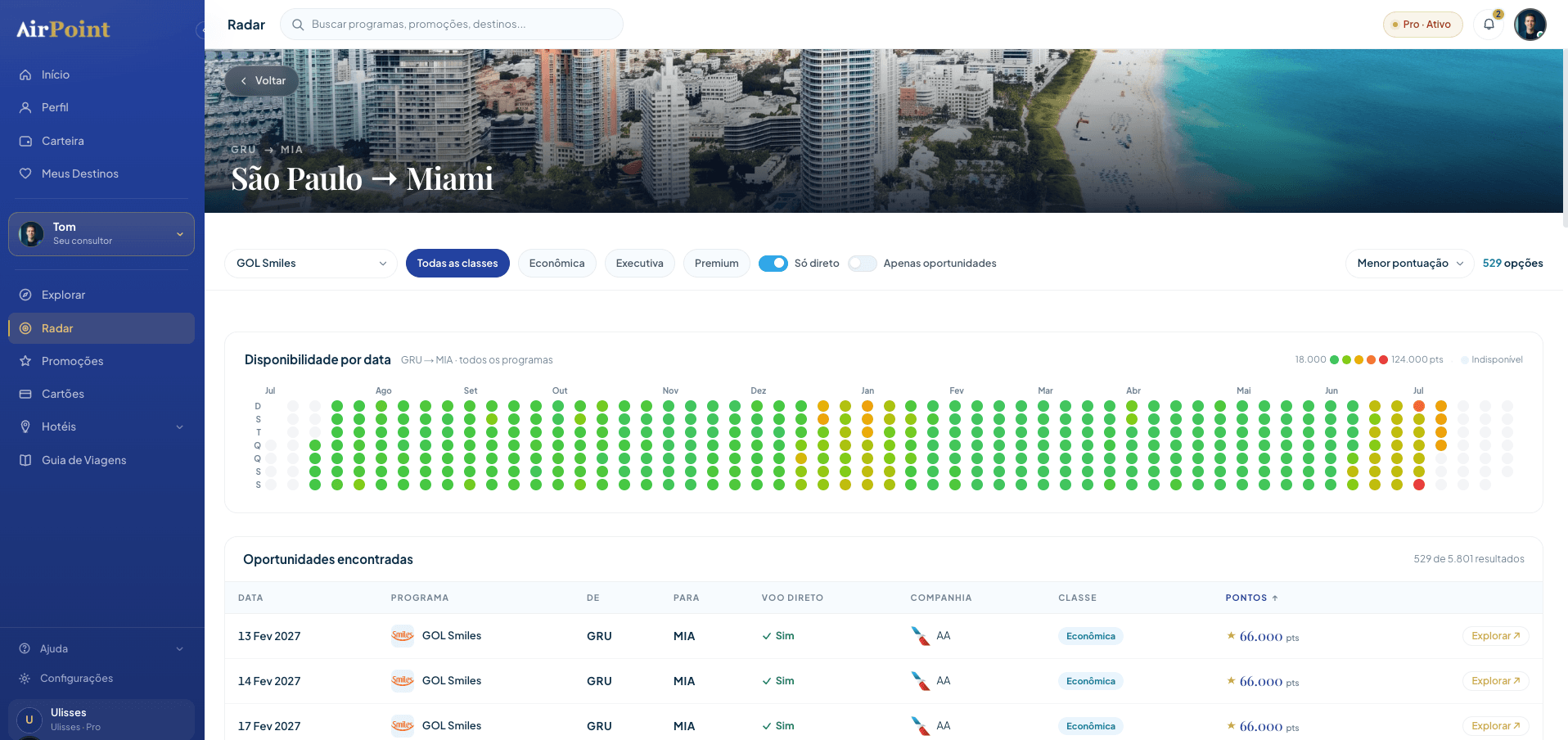 Tela do Radar de Oportunidades na plataforma AirPoint, com calendário de disponibilidade por data